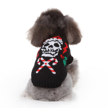 Dog wearing a skull pattern sweater