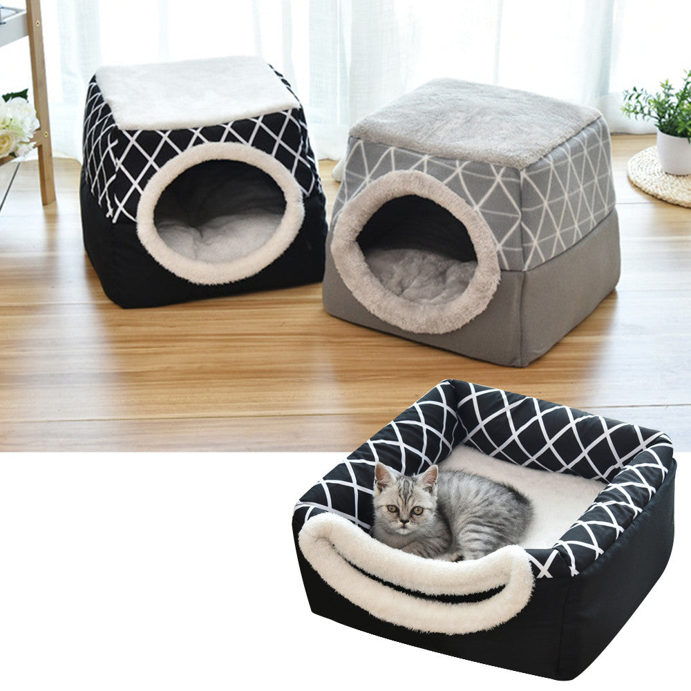 Velvet cave bed in black and grey