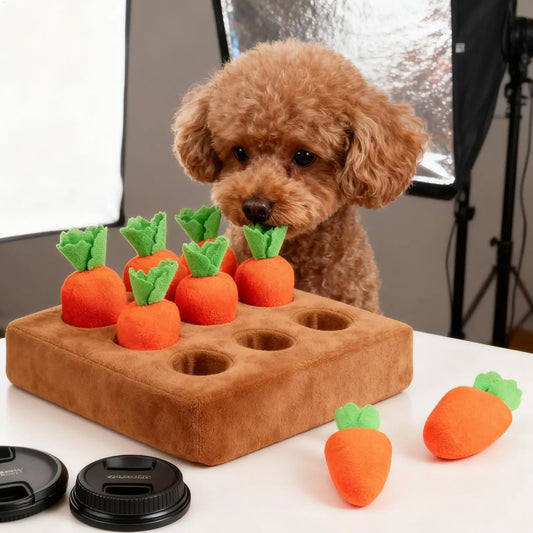 Carrot snuffle mat puzzle toy for dogs, with a curious puppy