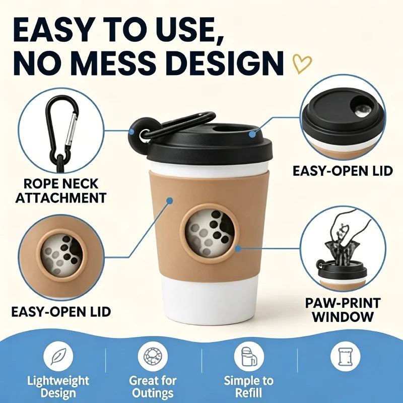 Coffee cup poop bag dispenser, easy-open lid and clip