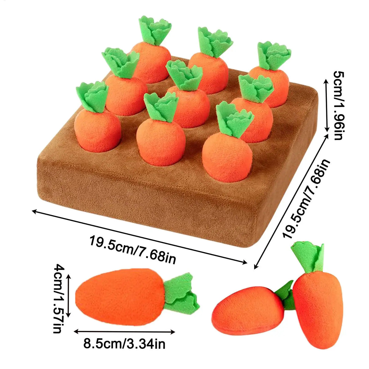 Carrot snuffle mat puzzle toy for dogs, size guide