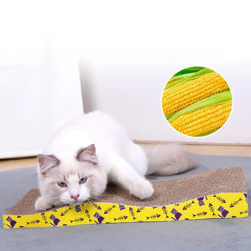 Cardboard cat scratcher pad in a bedroom