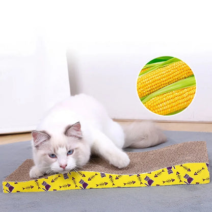 Cardboard cat scratcher pad in a bedroom
