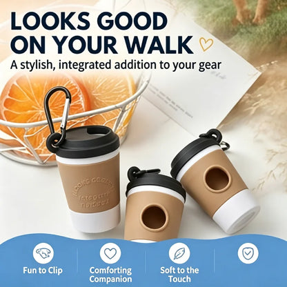 Coffee cup poop bag dispenser, a cute accessory for walks