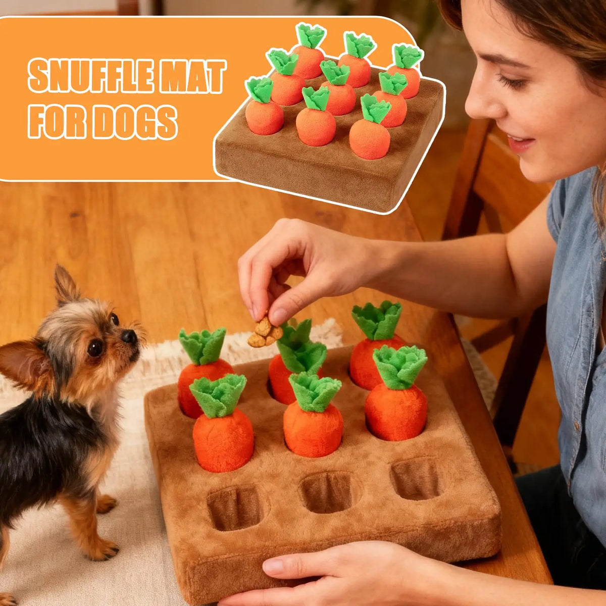 Carrot snuffle mat puzzle toy for dogs, owner hiding treats