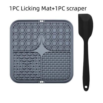 Silicone lick mat with suction cups, grey with spatula