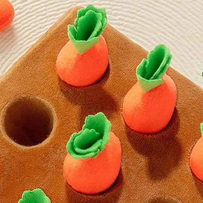 Carrot snuffle mat puzzle toy for dogs, close-up of plush carrots