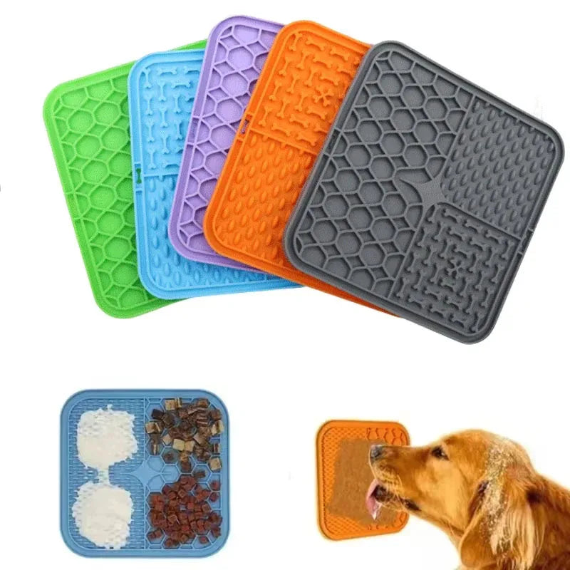 Silicone lick mat with suction cups, all colors and a dog licking