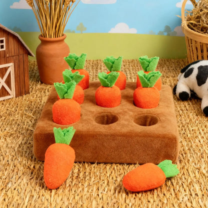 Carrot snuffle mat puzzle toy for dogs, on a living room floor