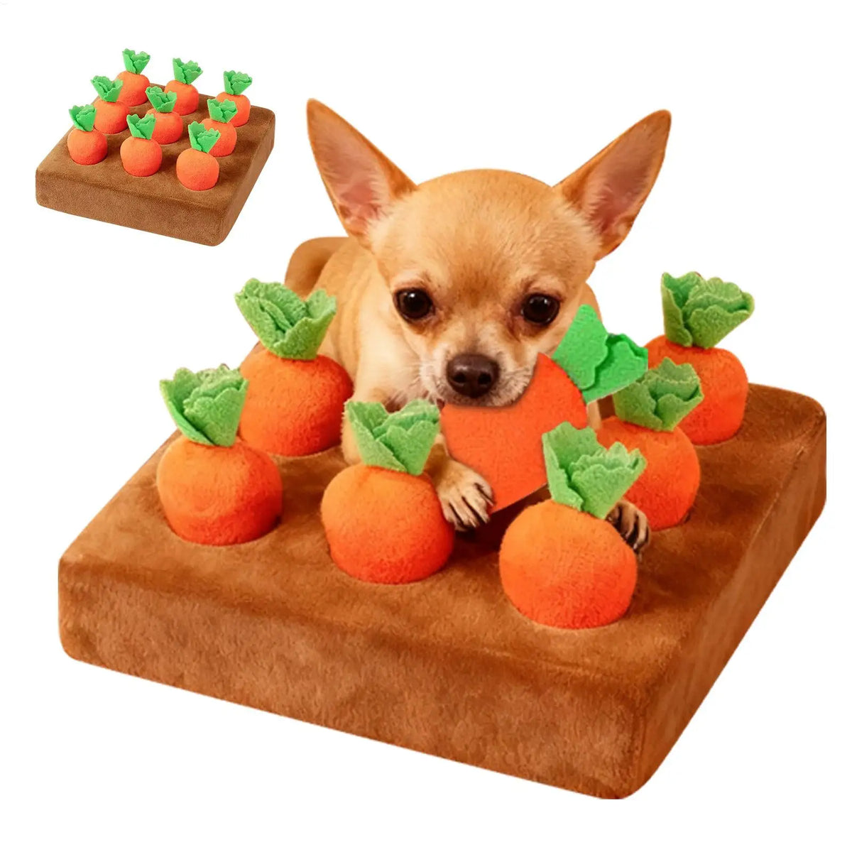 Carrot snuffle mat puzzle toy for dogs, with a small dog pulling carrots