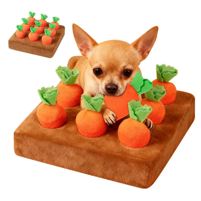 Carrot snuffle mat puzzle toy for dogs, with a small dog pulling carrots