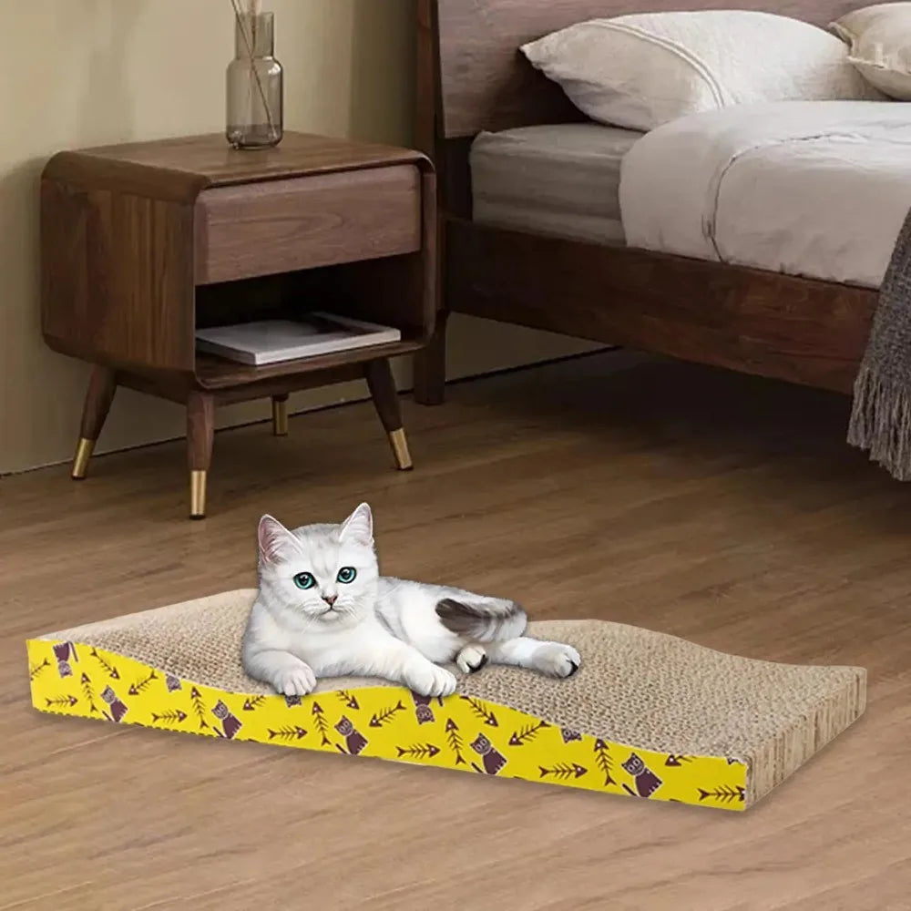 Cardboard cat scratcher pad, cat resting on it