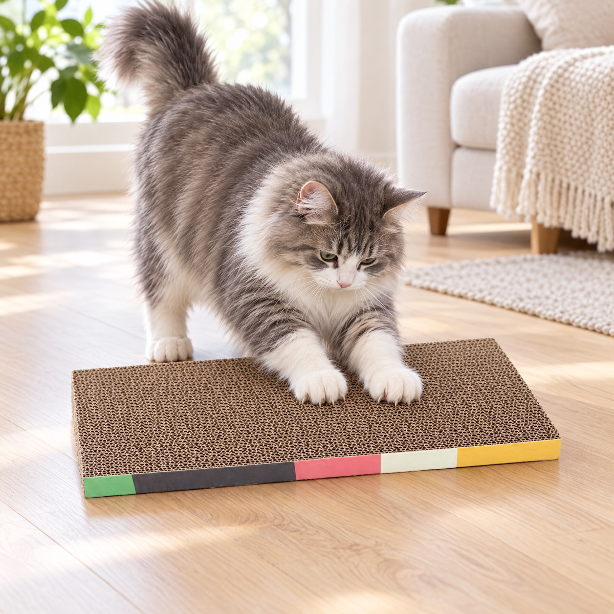 Flat cardboard cat scratcher pad, cat scratching it in a living room