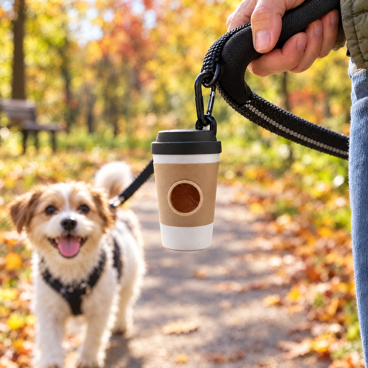 Coffee cup poop bag dispenser clipped to a dog leash on a walk