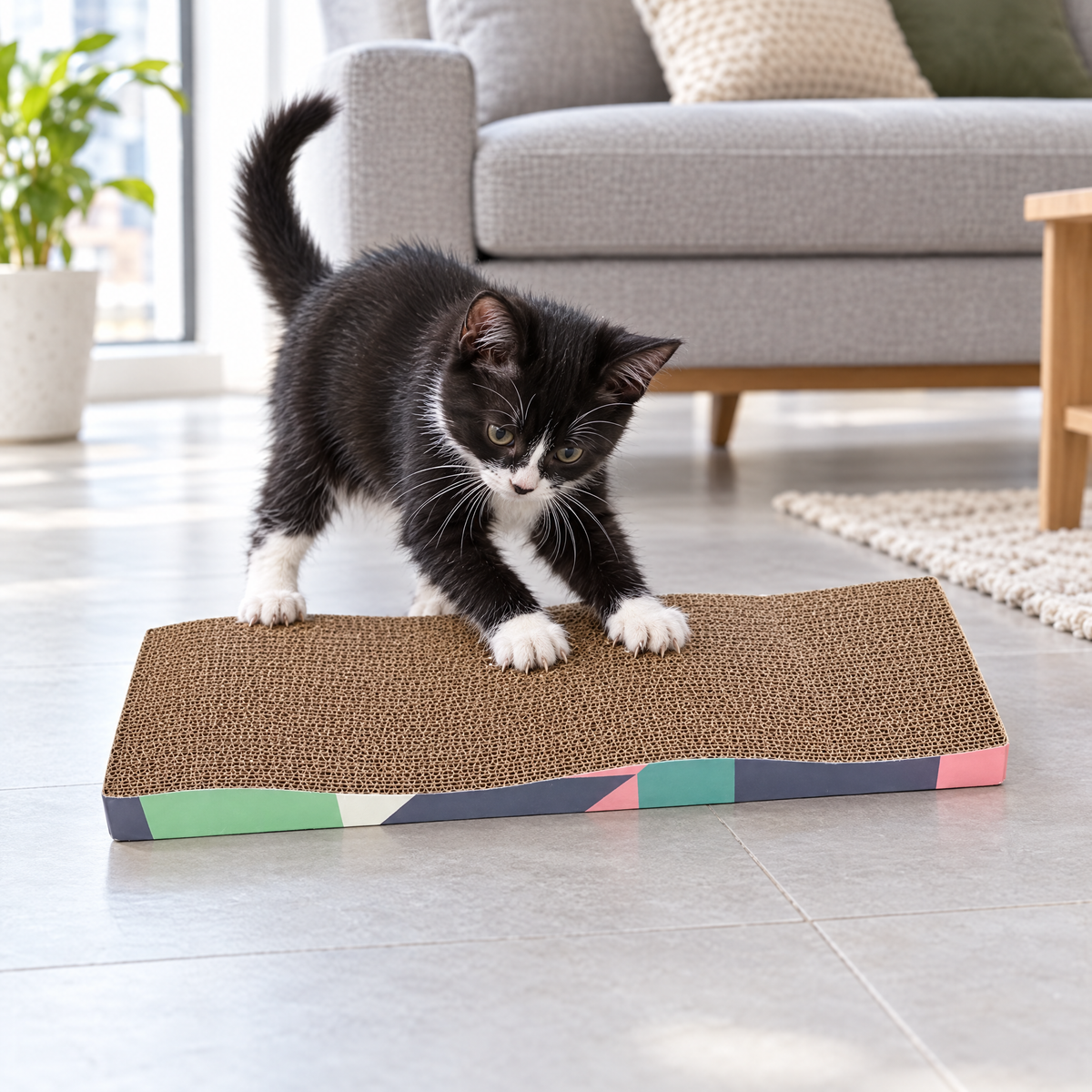Wave cardboard cat scratcher with geometric edge, kitten scratching it