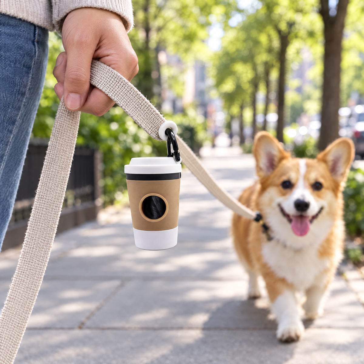 White-lid coffee cup poop bag dispenser clipped to a leash on a city walk