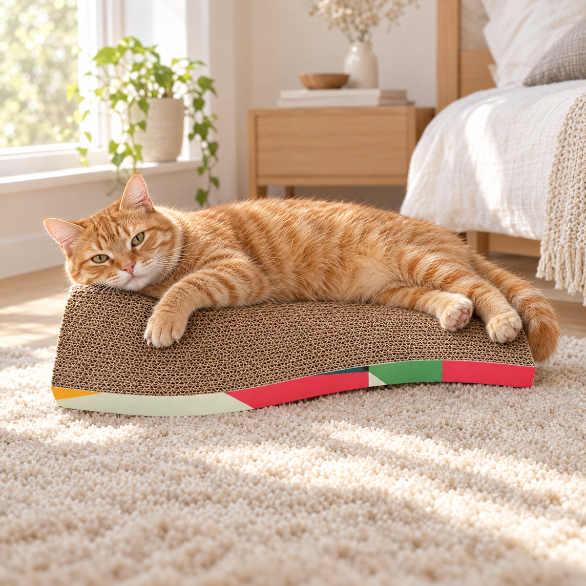 Wave cardboard cat scratcher with rainbow edge, orange cat lounging on it