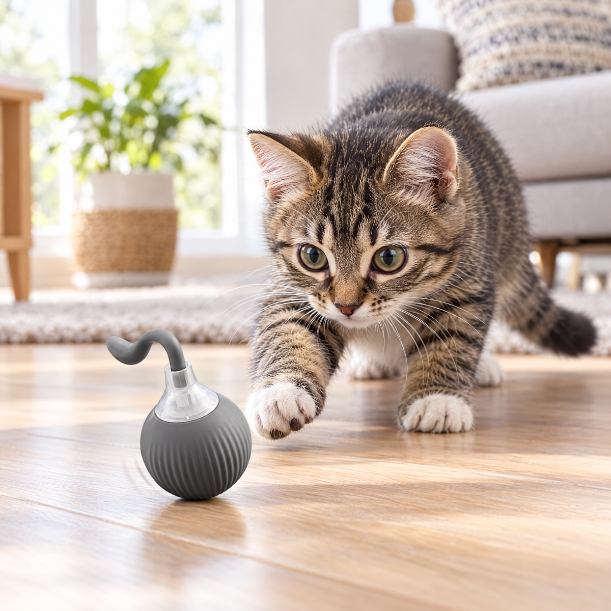 Rolling cat toy ball with grey magic tail, kitten about to pounce