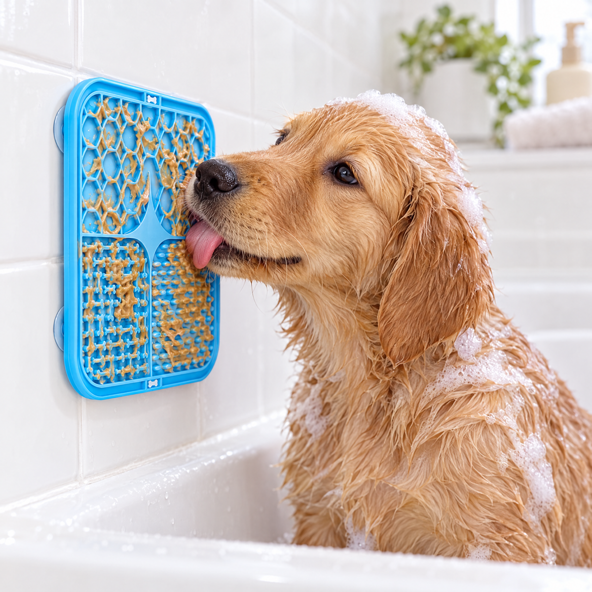 Blue silicone lick mat stuck to a bathtub wall, puppy licking it during a bath